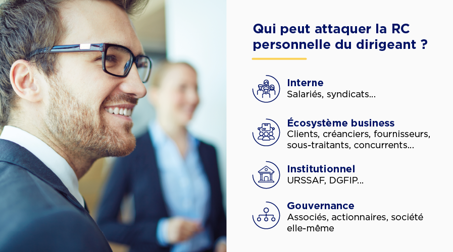 Qui peut attaquer la RC personnelle du dirigeant ? Interne (salariés, syndicats…), Écosystème business (clients, créanciers, fournisseurs, sous-traitants, concurrents…), Institutionnel (URSSAF, DGFIP…), Gouvernance (associés, actionnaires, société elle-même)